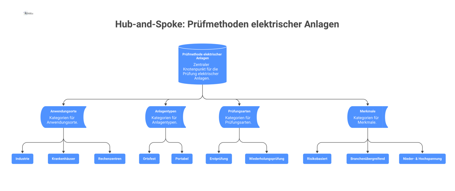 Hub-and-Spoke-Diagramm zu Prüfmethoden elektrischer Anlagen mit den Kategorien Anwendungsorte, Anlagentypen, Prüfungsarten und Merkmale.