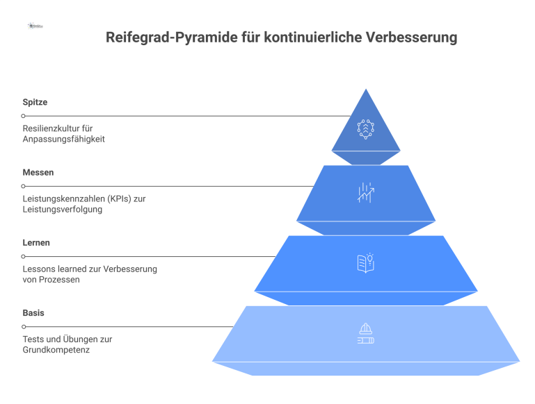 Eine Pyramide zeigt die vier Reifegradstufen für kontinuierliche Verbesserung im Facility Management, von Basis-Tests bis zur Resilienzkultur an der Spitze.