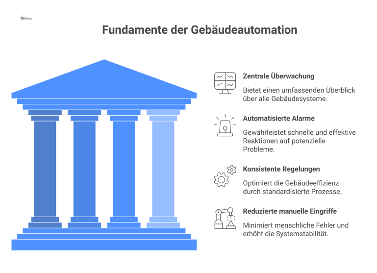 Die vier Säulen der Gebäudeautomation Diagramm, das die vier Säulen der Gebäudeautomation für Betriebssicherheit zeigt: Überwachung, Alarme, Regelungen und reduzierte manuelle Eingriffe.