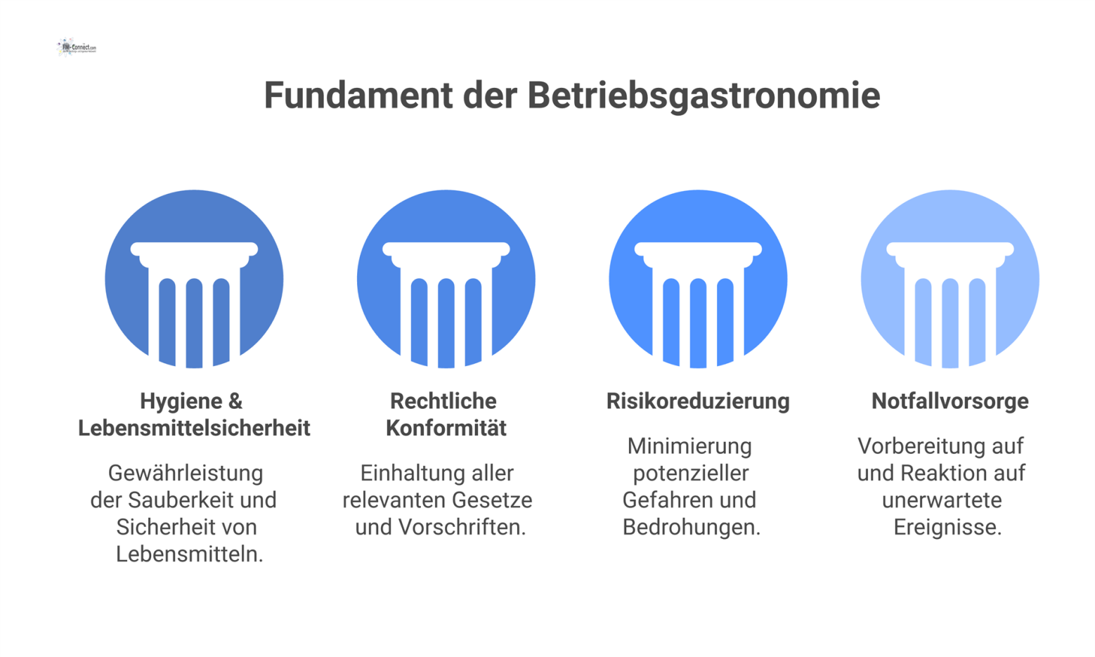Säulendiagramm mit vier Säulen auf einem Fundament, die ein Dach tragen. Die Säulen sind Hygiene, Konformität, Risikoreduzierung und Notfallvorsorge.