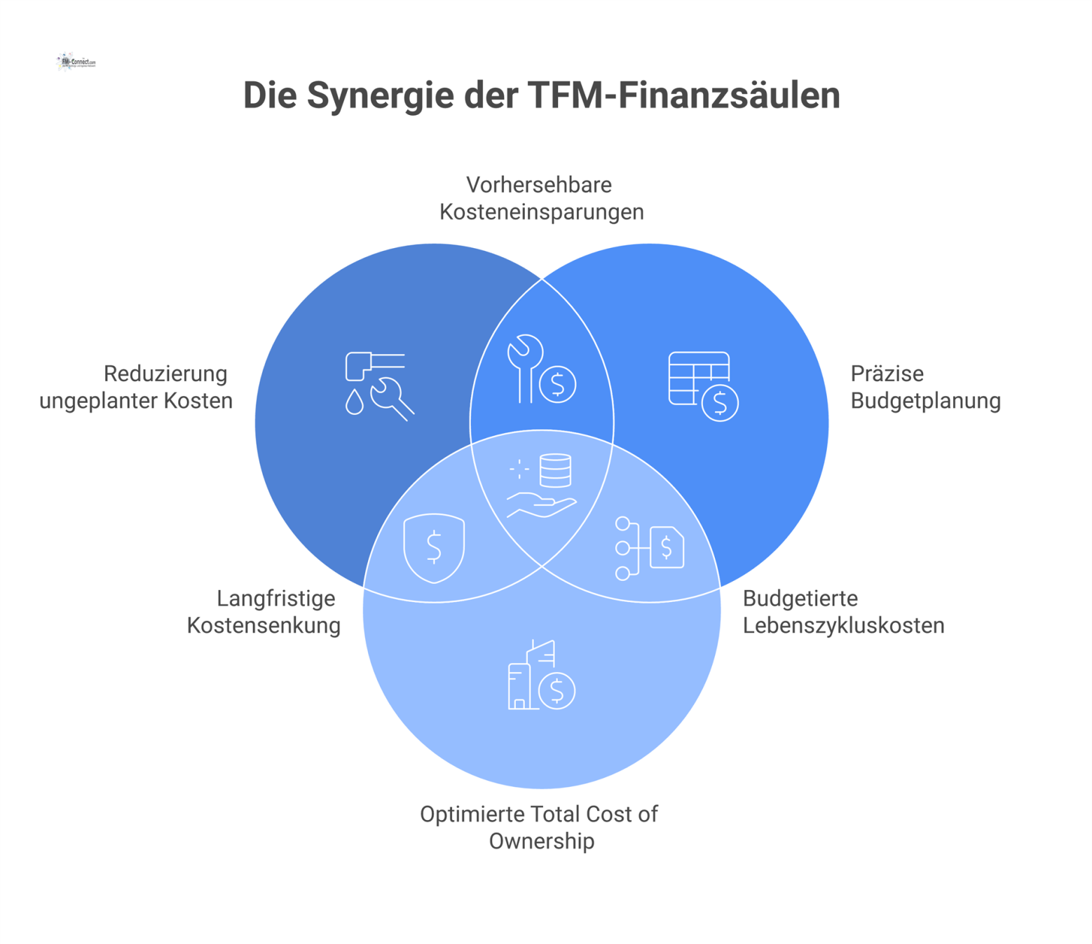 Infografik der vier finanziellen Säulen des Facility Managements: Kostenreduktion, Budgetplanung, optimierte Lebenszykluskosten und risikobasierte Priorisierung für maximale Effizienz.