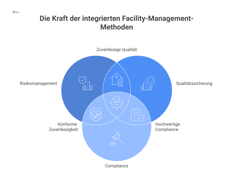 Starke Methoden im Facility Management Infografik, die starke Methoden im Facility Management zeigt. Pfeile führen zu den Säulen Risikomanagement, Qualitätssicherung und Compliance mit positiven Ergebnissen.