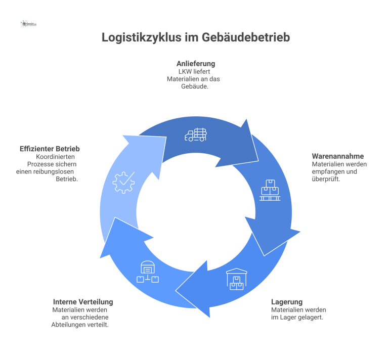 Diagramm des Materialflusses im Gebäudebetrieb, von der Anlieferung per LKW bis zur internen Verteilung an verschiedene Bereiche.