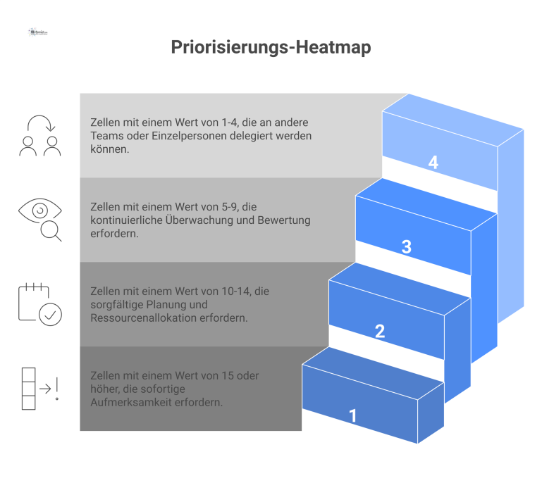 Eine 5x5 Priorisierungs-Heatmap mit Achsen für Eintrittswahrscheinlichkeit und Auswirkung. Die Zellfarben Rot, Orange, Gelb und Grau zeigen die Handlungspriorität an. 