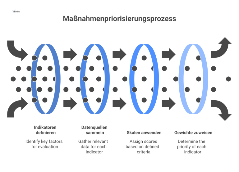 Bewertungsmatrix zur Priorisierung von Maßnahmen Tabelle einer Bewertungsmatrix mit 6 Indikatoren in den Zeilen und Bewertungskriterien wie Skala und Gewicht in den Spalten.