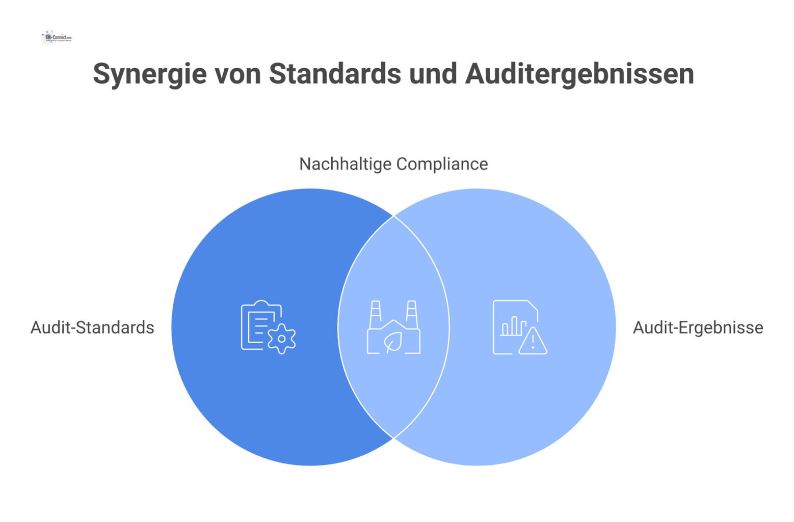 Eine Infografik, die den Prozess eines Nachhaltigkeits-Audits zeigt, bei dem Inputs wie Energie und CO₂ analysiert und als Dashboard visualisiert werden.