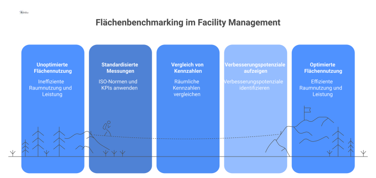 Diagramm des Flächenbenchmarkings-Prozesses im Facility Management, der einen PDCA-Verbesserungszyklus zum Vergleich räumlicher Kennzahlen von Organisationen darstellt. 