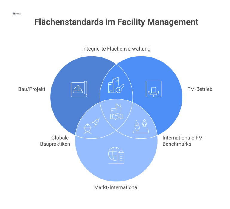Diagramm zu Flächen im Facility Management, das die unterschiedlichen Standards der Stakeholder Bau, FM-Betrieb und Markt gegenüberstellt.