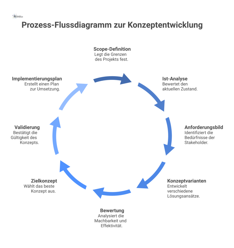 Prozess-Flussdiagramm zur Konzeptentwicklung Ein Prozess-Flussdiagramm, das die acht sequenziellen Phasen der Methode zur Konzeptentwicklung von der Scope-Definition bis zum Implementierungsplan zeigt.