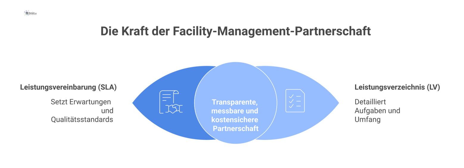 Diagramm der zwei Säulen des Facility Managements, Leistungsvereinbarung und Leistungsverzeichnis, als Fundament für eine erfolgreiche und transparente Partnerschaft.