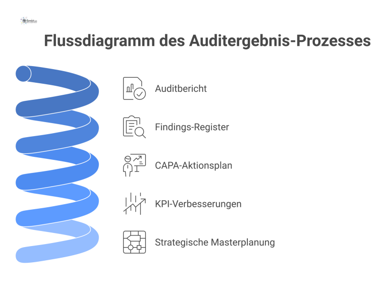 Flussdiagramm des Auditergebnis-Prozesses Flussdiagramm, das den Prozess nach einem Audit zeigt: vom Bericht über ein Findings-Register und CAPA-Aktionsplan bis zu KPI-Verbesserungen.
