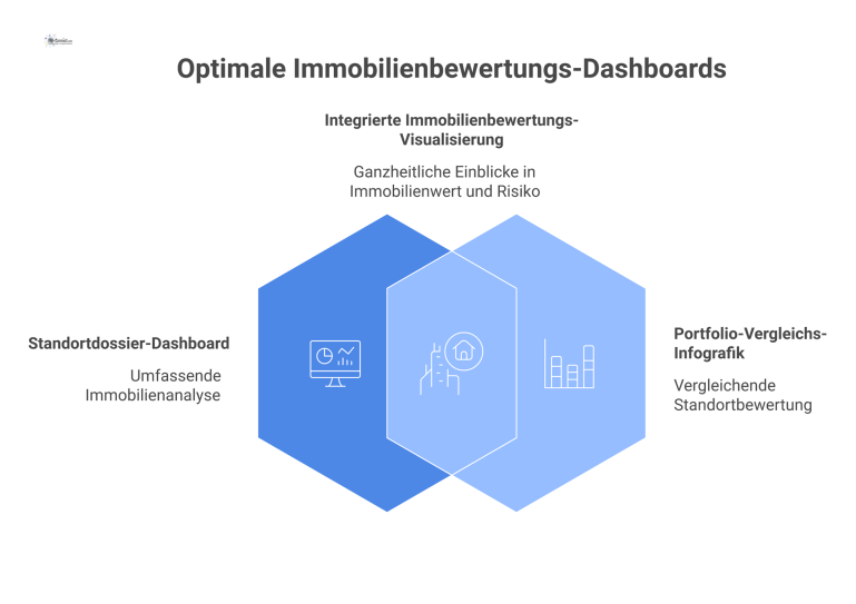 Dashboard-Diagramm eines Standortdossiers zur Immobilienbewertung mit Scorecard, Red-Flag-Übersicht, Risiko-Matrix, Maßnahmenplanung und Datenqualität.