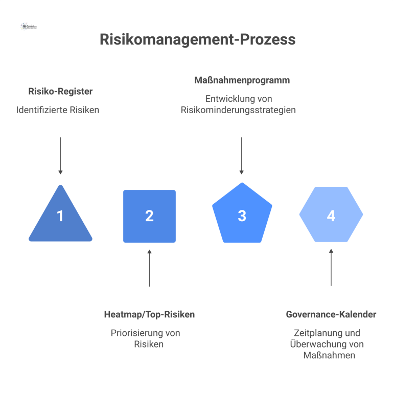 Infografik eines Risikomanagement-Prozesses mit einem zentralen Risiko-Register, einer Heatmap, einem Maßnahmenprogramm sowie einem Governance-Kalender und ISO-Anforderungen.