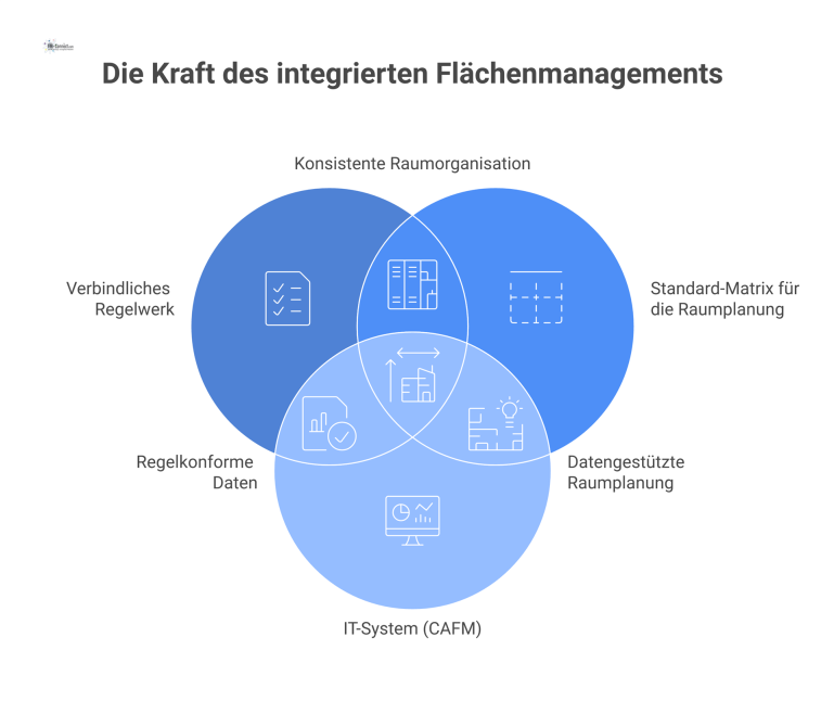 Diagramm eines Systems für professionelles Flächenmanagement mit den drei Komponenten Regelwerk, Standard-Matrix und einem IT-System für Reports. 