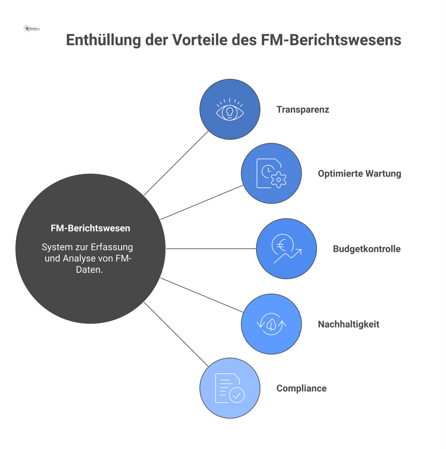 Infografik, die die Vorteile des FM-Reportings zeigt: Transparenz (Auge), optimierte Wartung (Zahnräder), Budgetkontrolle (Euro), Nachhaltigkeit (Blatt) und Compliance (Häkchen)
