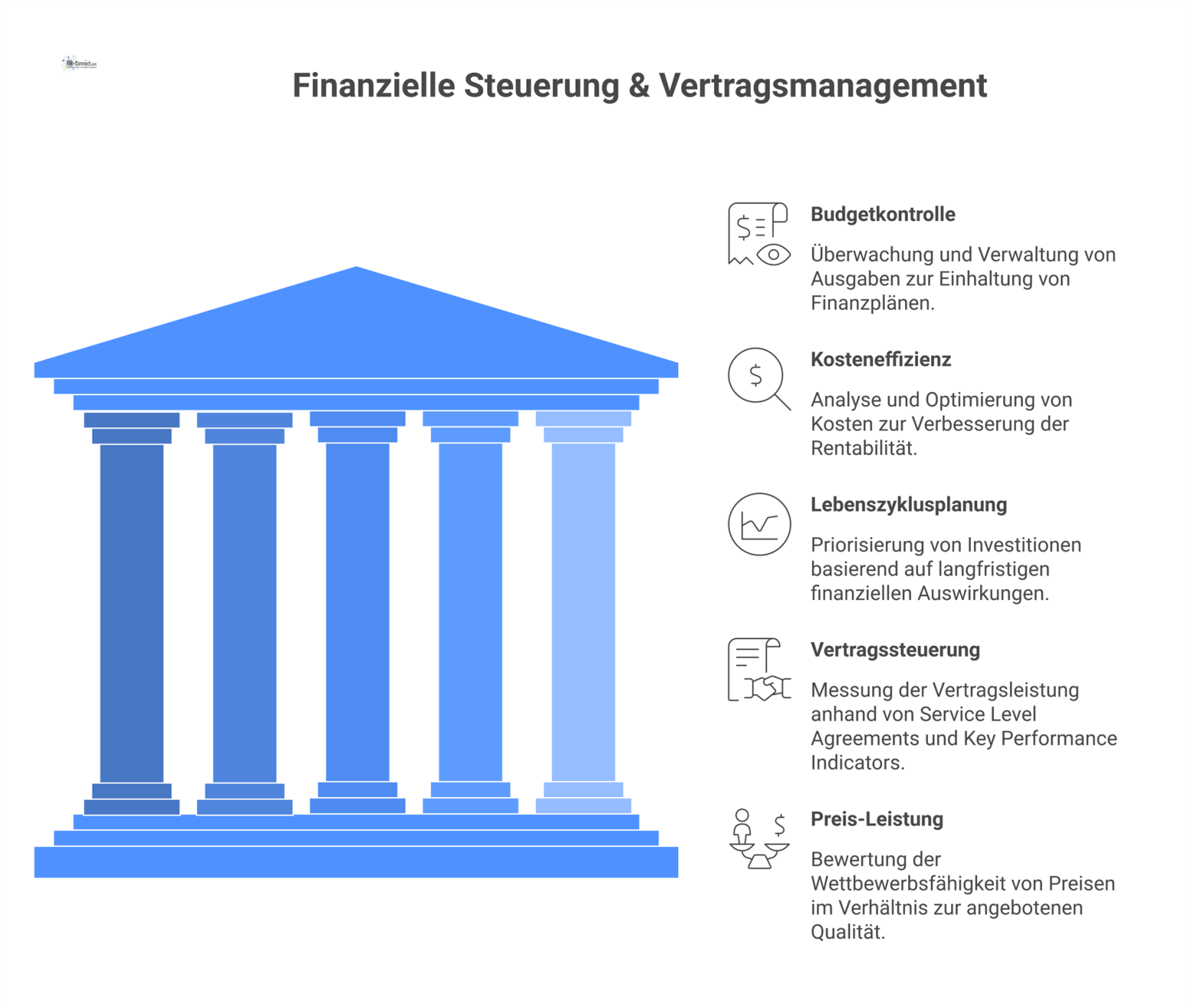  Diagramm zu finanzieller Steuerung mit den fünf Kernbereichen Budgetkontrolle, Kosteneffizienz, Lebenszyklusplanung, Vertragssteuerung und Preis-Leistung.