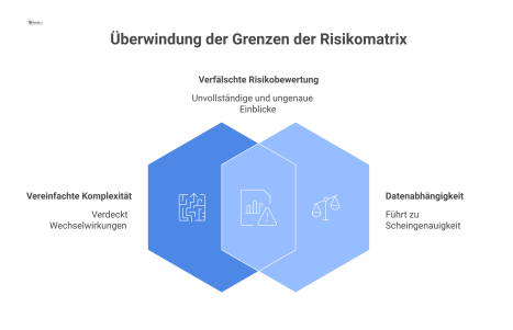 Ein Diagramm, das die Grenzen der Risikomatrix aufzeigt: Vereinfachte Komplexität und Datenabhängigkeit, jeweils mit den entsprechenden Lösungen.