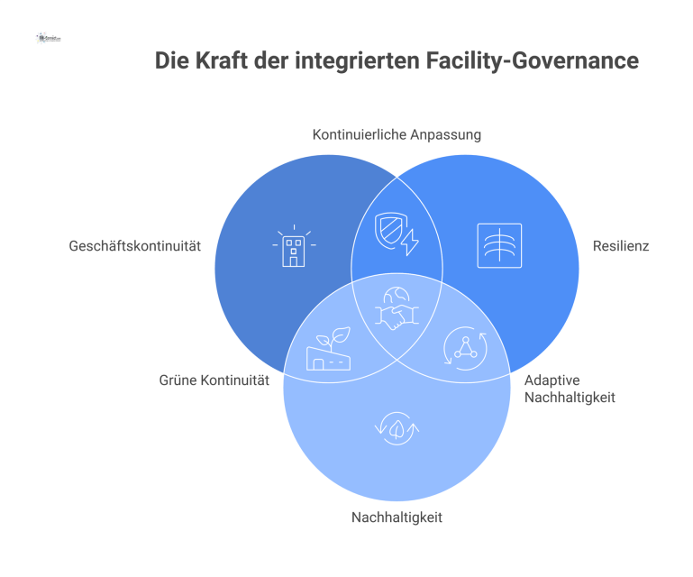 Infografik mit vier Säulen auf einem Fundament: Geschäftskontinuität, Resilienz, Nachhaltigkeit und Zukunftsfähigkeit als Basis der strategischen Governance.