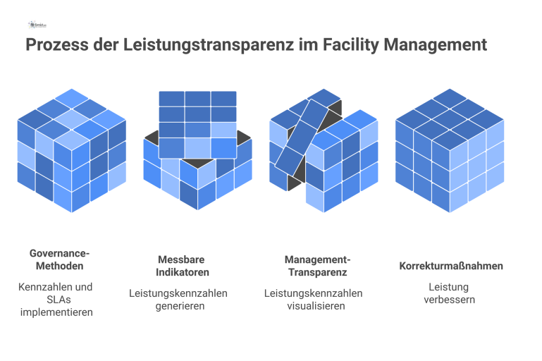 Zirkuläres Prozessdiagramm zur Leistungstransparenz, das von Governance über Management-Transparenz und Verbesserung bis zu gestärktem Vertrauen der Stakeholder führt.