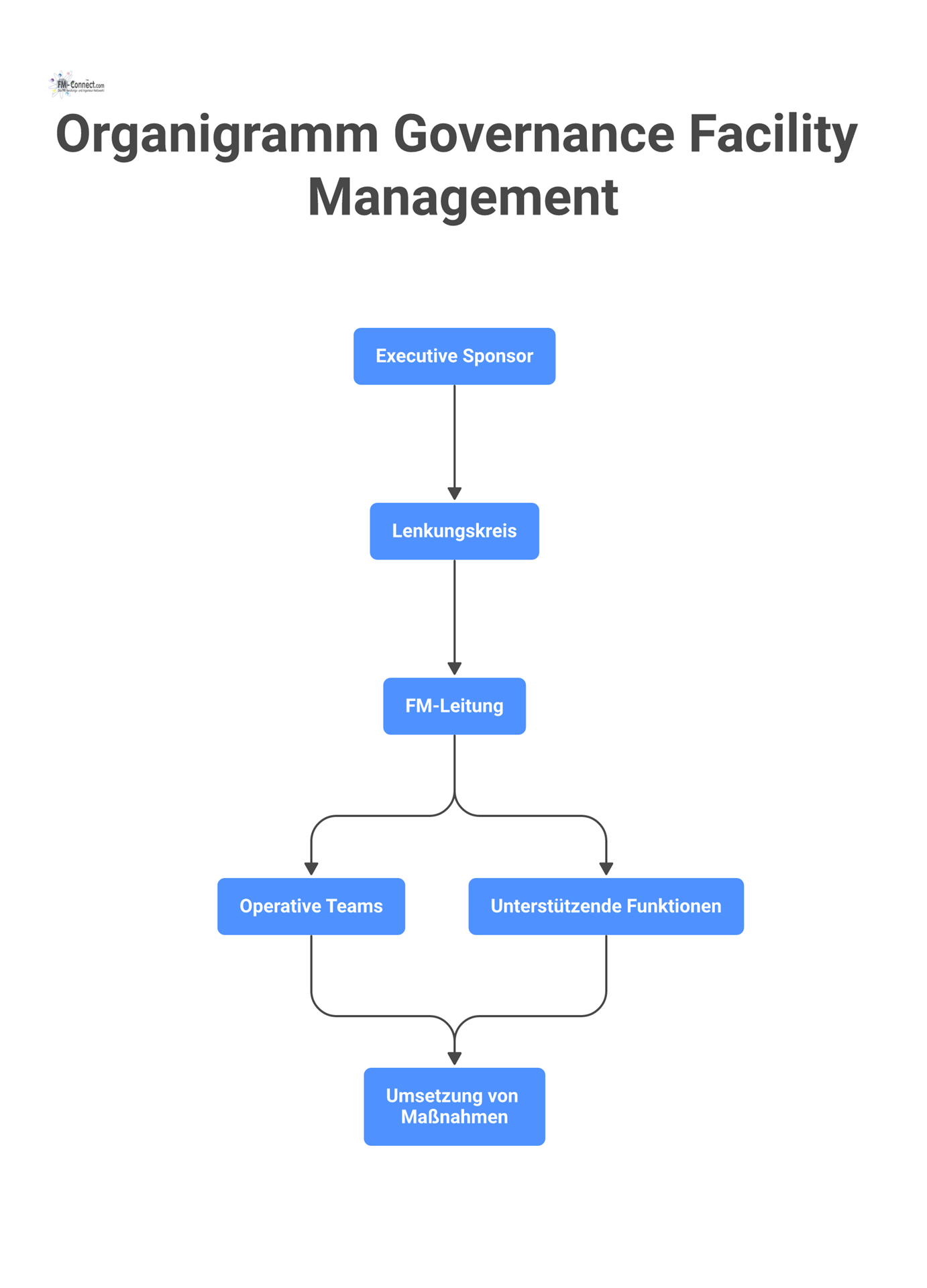 Organigramm, das die Governance-Struktur für einen Mehrjahresplan im Facility Management mit der Hierarchie von Executive Sponsor bis zu operativen Teams zeigt. 