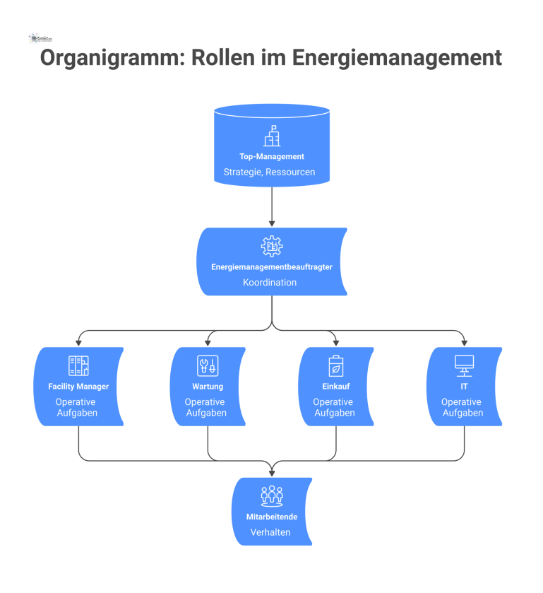 Organigramm: Rollen im Energiemanagement Organigramm der Energiemanagement-Rollen, das die Hierarchie vom Top-Management über den Energiemanagementbeauftragten bis zu den operativen Ebenen und Mitarbeitenden darstellt.