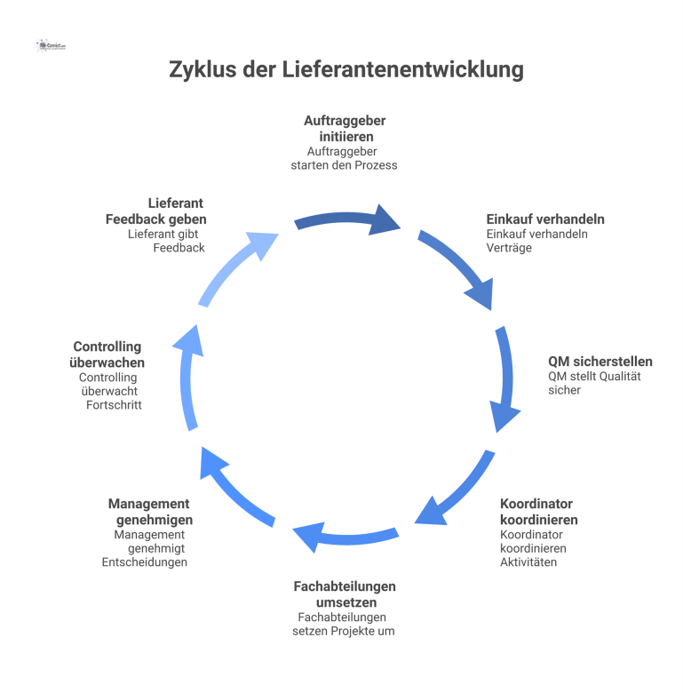 Beziehungsdiagramm zur Lieferantenentwicklung mit 8 Rollen als Knoten und deren Verbindungen, die Verantwortlichkeiten wie Steuerung und Koordination zeigen.
