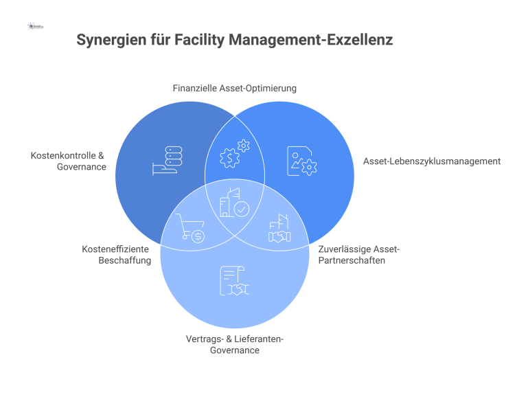 Infografik zur Ressourcenoptimierung im Facility Management mit einem zentralen Hub und vier verbundenen Bereichen: Kostenkontrolle, Asset-Lebenszyklus, Vertrags-Governance, Flächeneffizienz.