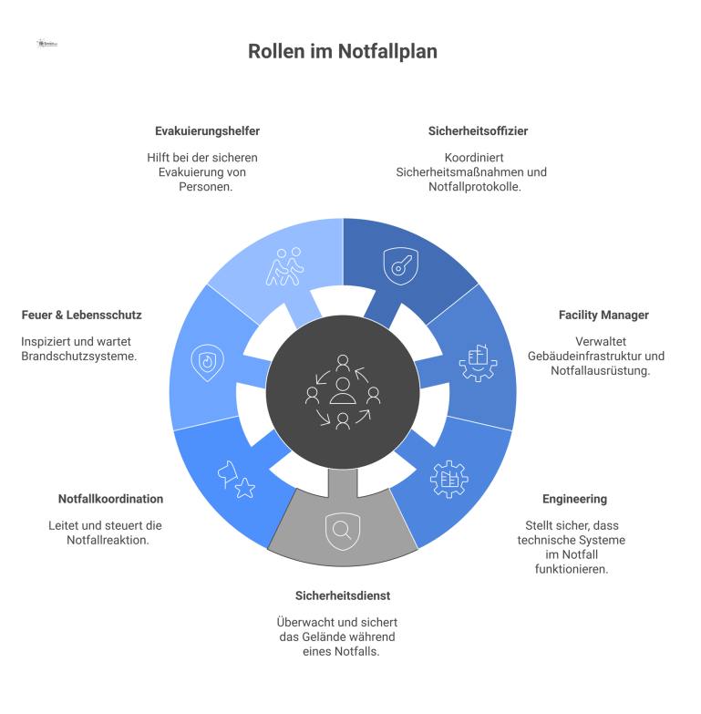 Rollen im Notfallplan Eine Mindmap zu den sieben Schlüsselrollen im Notfallplan, die jede Rolle mit ihren spezifischen Kernaufgaben wie Koordination und Überwachung visualisiert.