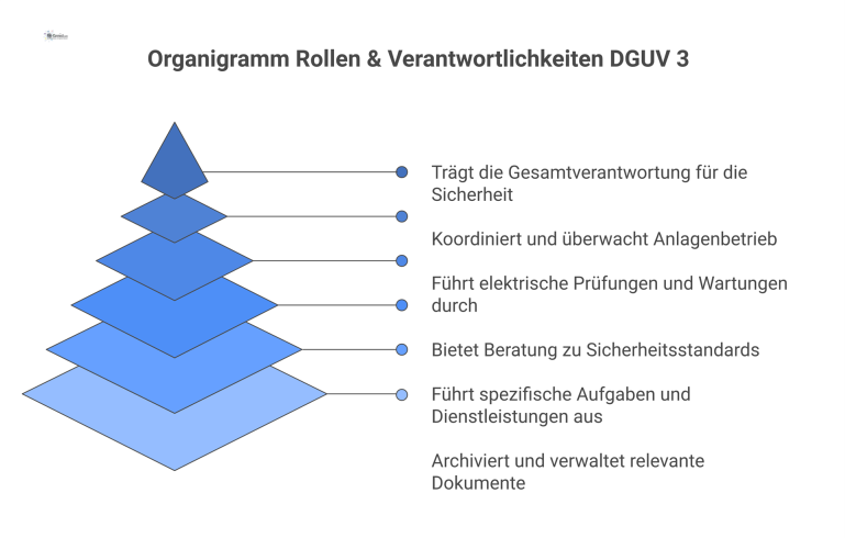 Organigramm zu Rollen und Verantwortlichkeiten bei DGUV 3, mit dem Unternehmer an der Spitze über dem Anlagenverantwortlichen und zugeordneten Kräften.