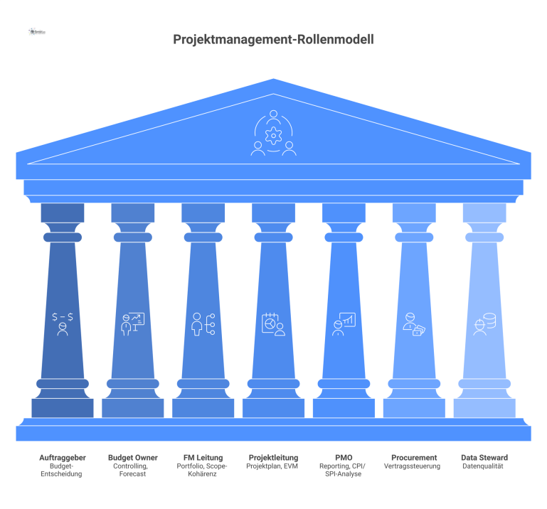 Infografik, die sieben Schlüsselrollen im Projektmanagement mit ihren Kernaufgaben in separaten Boxen darstellt, darunter Auftraggeber, Projektleitung und PMO.