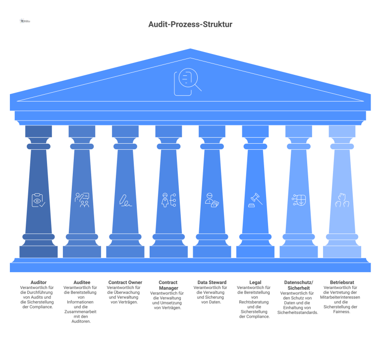 Organigramm: Rollen im Audit-Prozess Organigramm der Rollen im Audit-Prozess mit ihren Beziehungen und Verantwortlichkeiten nach dem RACI-Modell, inklusive Auditor, Auditee und Contract Owner.