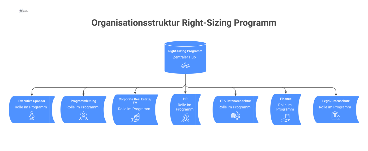Hub-and-Spoke-Diagramm der Organisationsstruktur eines Right-Sizing Programms mit dem zentralen Hub und verbundenen Rollen wie HR, IT und Finanzen.