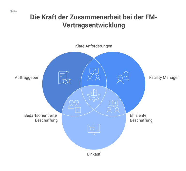 Schlüsselrollen bei der FM-Vertragsentwicklung Infografik-Diagramm, das die Zusammenarbeit von sieben Schlüsselrollen bei der Entwicklung eines FM-Vertrags als verbundene Knotenpunkte darstellt.