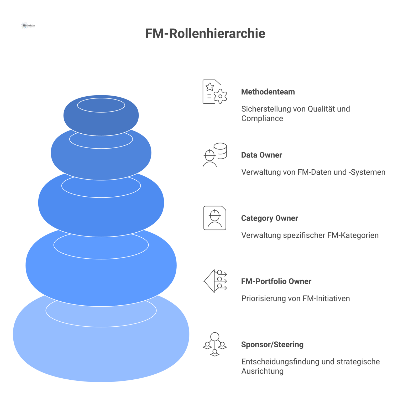 Organigramm des FM-Rollenbilds mit Sponsor/Steering an der Spitze, gefolgt von Portfolio Owner, Category Owner und Data Owner.