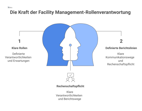 Ein Diagramm, das die drei Säulen der Rollenverantwortung im Facility Management zur Steigerung von Effizienz und Betriebssicherheit darstellt.