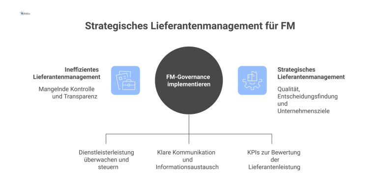 Strategisches Lieferantenmanagement im Facility Management Infografik zur FM-Governance als zentraler Hub, der externe Dienstleister über die Säulen Kontrolle, Transparenz und Performance-Messung (KPIs) steuert.