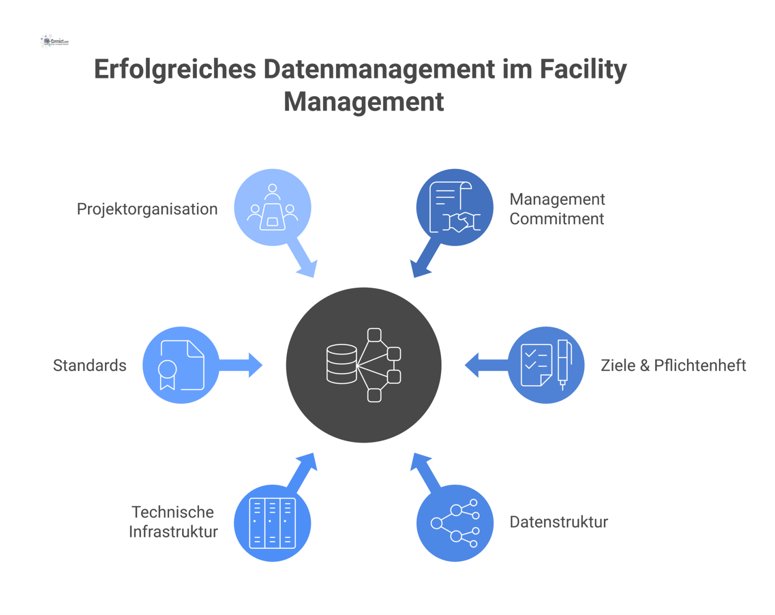 Mindmap mit dem zentralen Thema Datenmanagement und sechs Ästen: Management Commitment, Ziele, Datenstruktur, Infrastruktur, Standards und Projektorganisation.