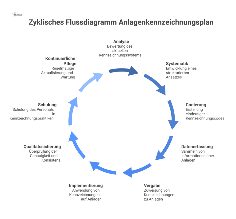 Ein zyklisches Flussdiagramm zum Anlagenkennzeichnungsplan mit 9 Schritten, beginnend bei Analyse und endend bei der kontinuierlichen Pflege.