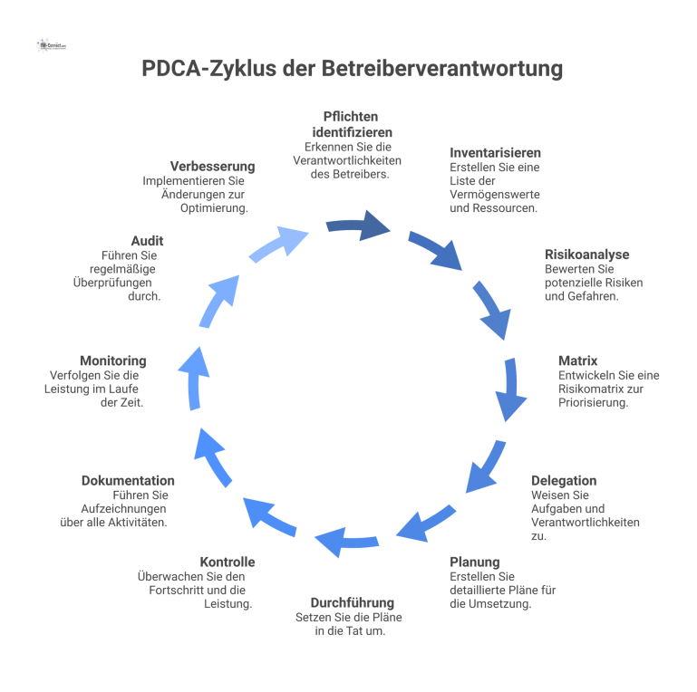 Ein zyklisches Diagramm, das den PDCA-Kreislauf der Betreiberverantwortung darstellt. Es visualisiert die 12 Kernschritte von der Planung bis zur kontinuierlichen Verbesserung. 