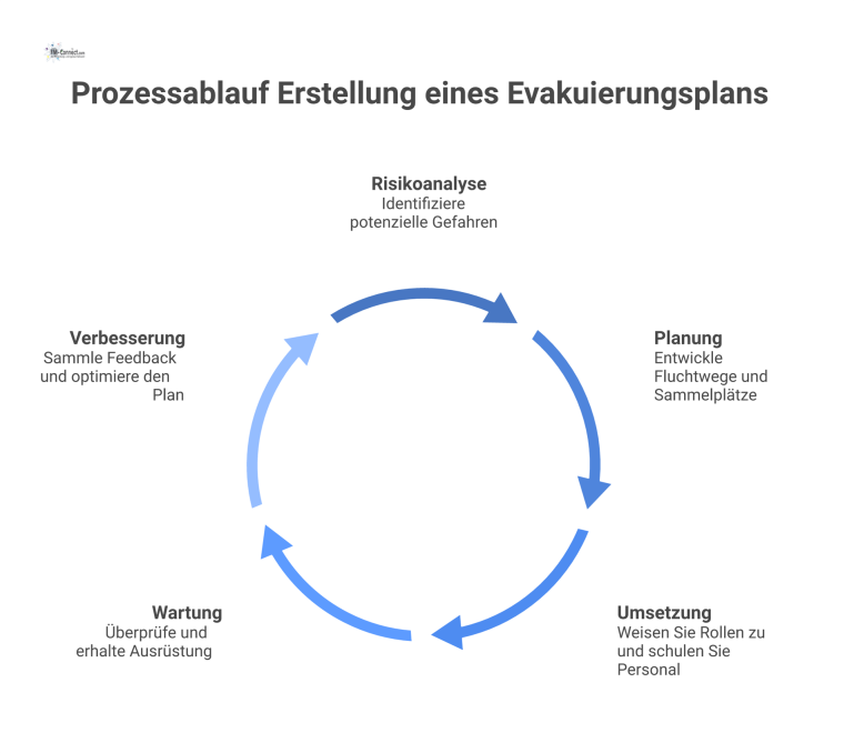 Prozessablauf Erstellung eines Evakuierungsplans Kreisförmiges Diagramm des Prozesses zur Erstellung eines Evakuierungsplans in fünf Schritten mit Icons und einer Feedback-Schleife zur Verbesserung.