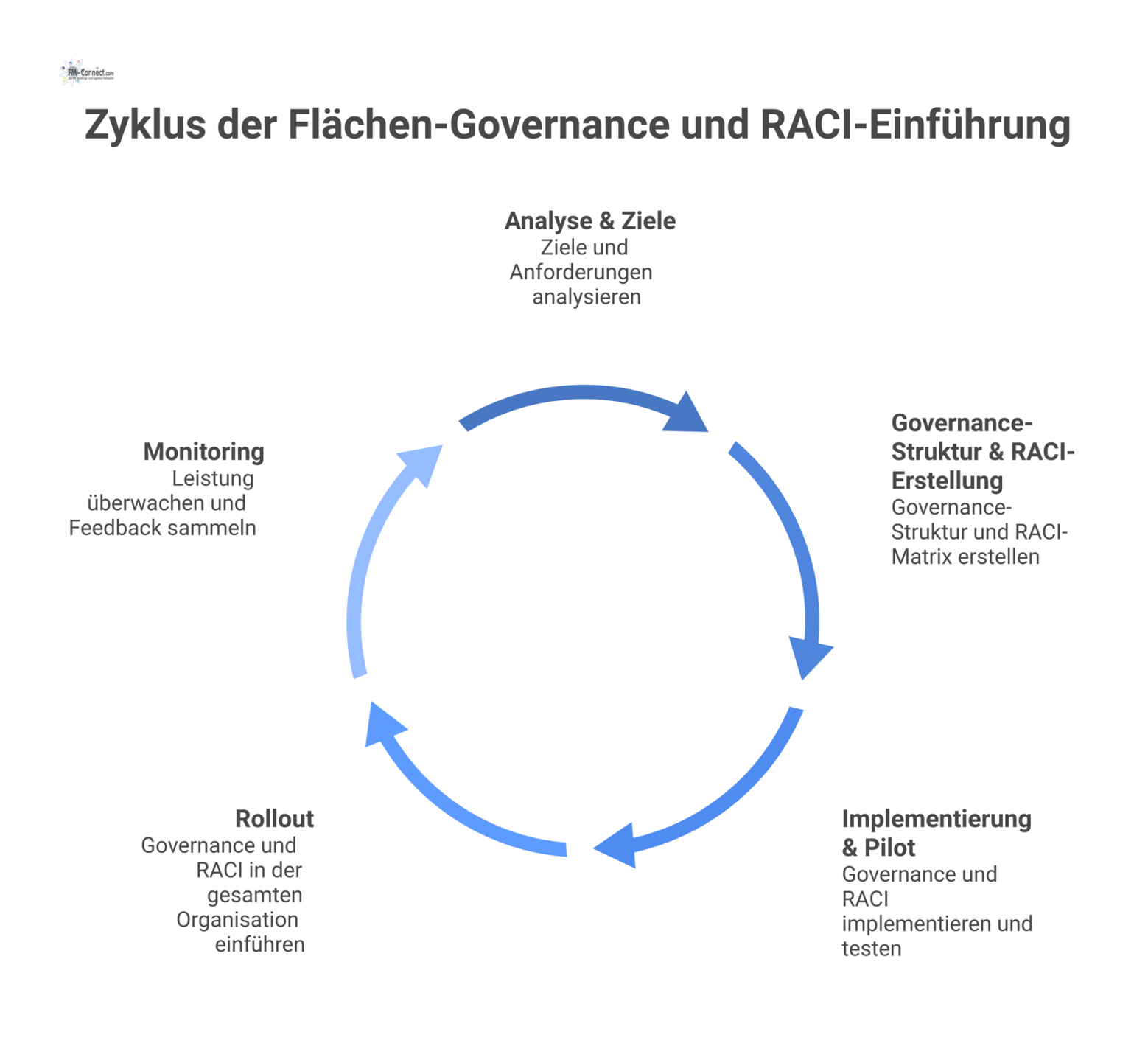 Prozessdiagramm, das die fünf Phasen zur Einführung von Flächen-Governance zeigt, beginnend bei Analyse und endend bei Monitoring mit Feedbackschleife.