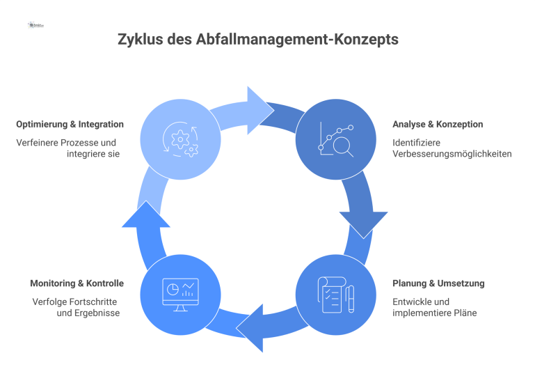 Zyklisches Diagramm eines kontinuierlichen Verbesserungsprozesses mit vier Phasen im Uhrzeigersinn: Analyse, Planung, Monitoring und Optimierung, dargestellt durch Icons.