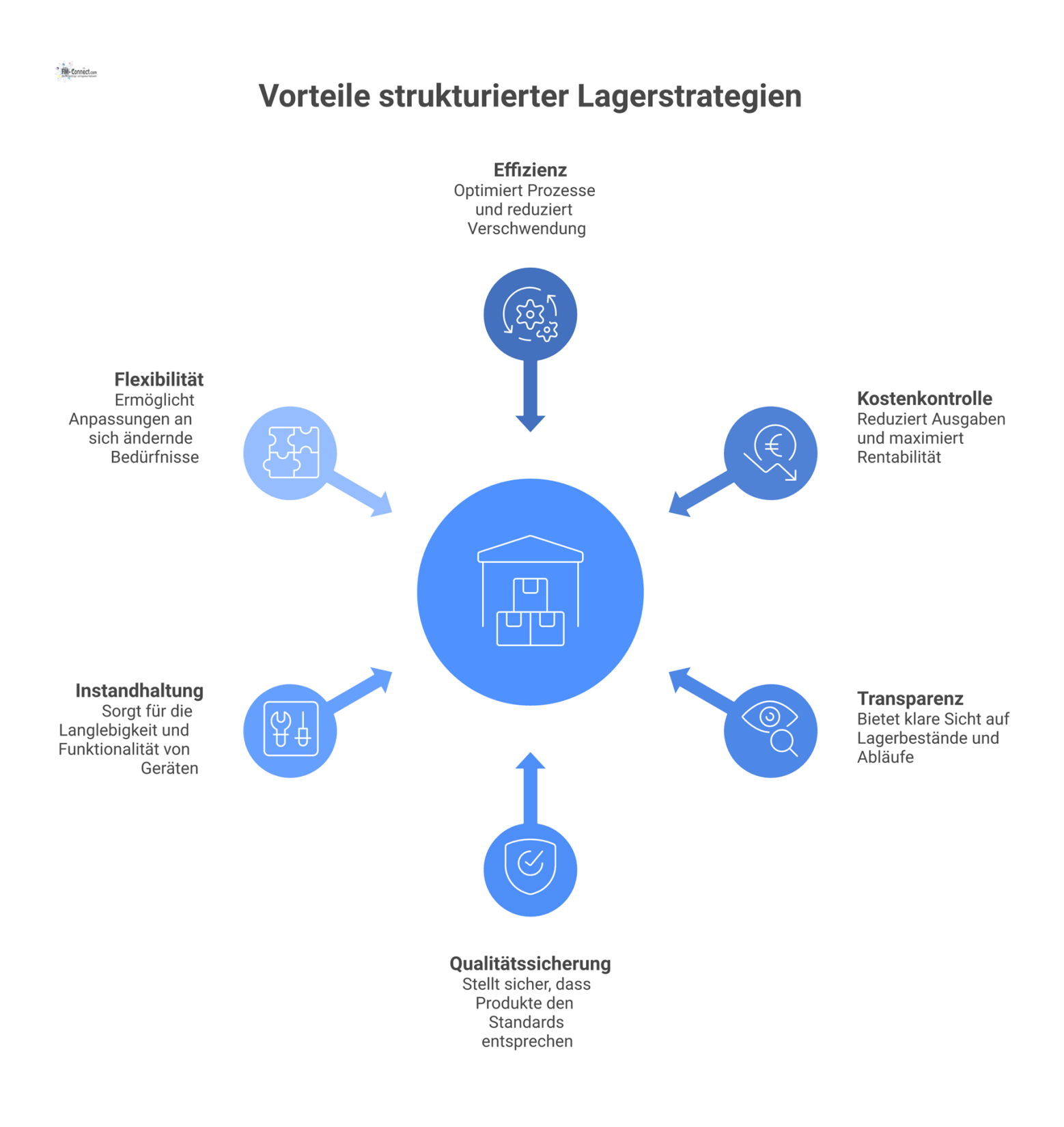 Infografik mit dem zentralen Begriff „Strukturierte Lagerstrategien“ und Pfeilen zu sechs Vorteilen, visualisiert durch passende Icons wie Zahnräder und Euro-Symbol.