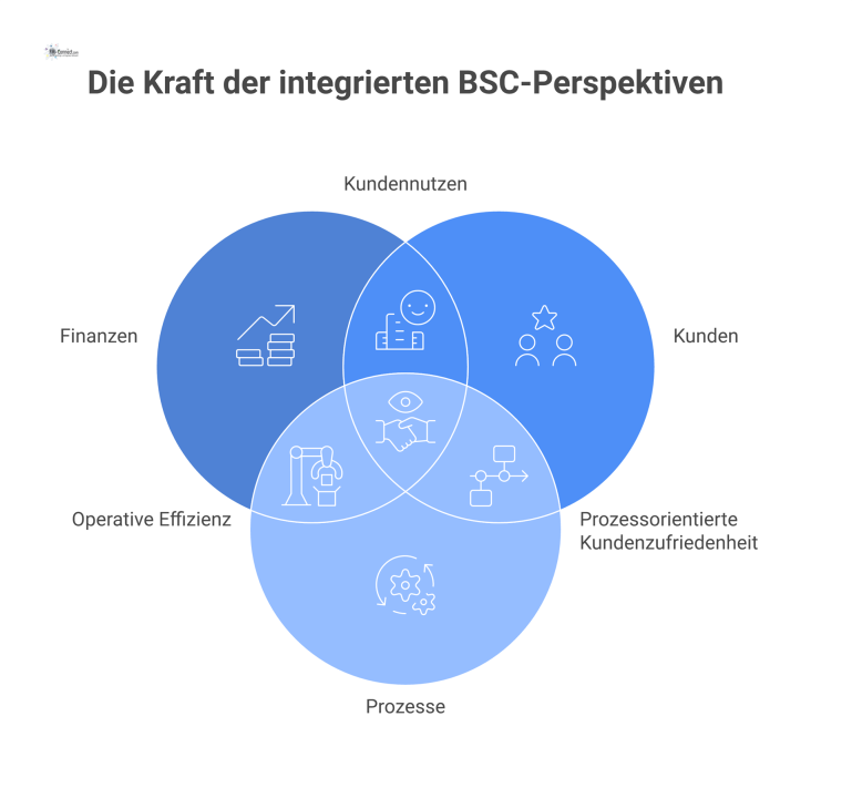 Infografik der Balanced Scorecard, die vier Perspektiven, eine Ursache-Wirkungskette mit Pfeilen und einen PDCA-Zyklus visualisiert.