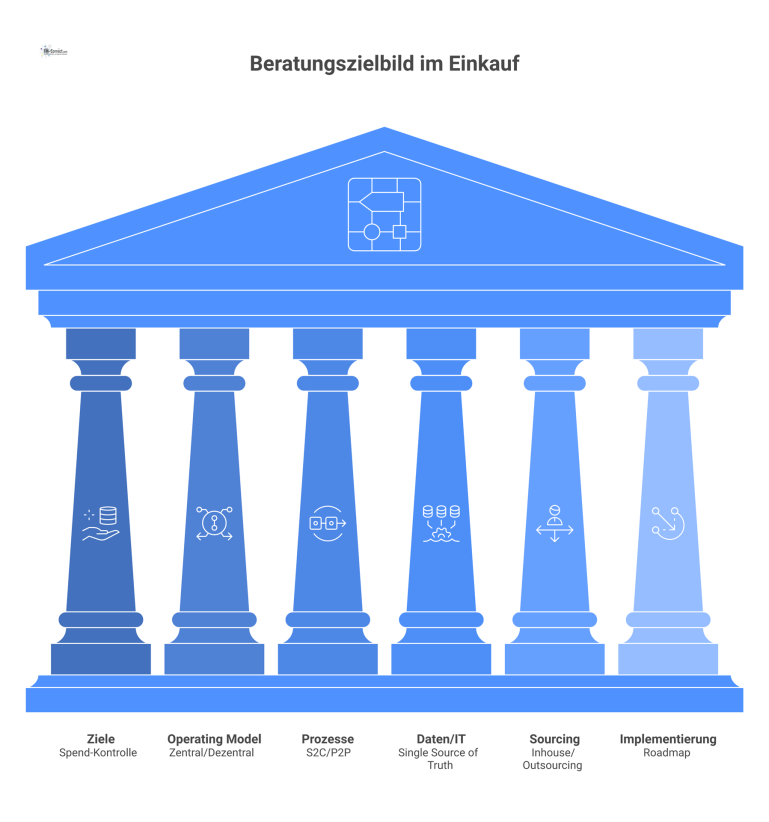 Diagramm mit der Einkaufsstrategie im Zentrum, von der sechs Kernbereiche abgehen: Ziele, Operating Model, Prozesse, Daten/IT, Sourcing, Implementierung.